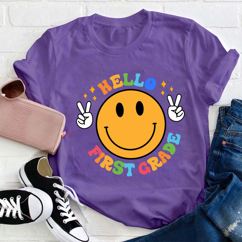 Personalized Grade Hello Smile Face Teacher T-Shirt