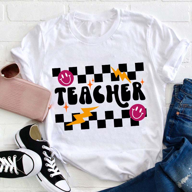 Checkerboard Smile Lightning Teacher T-Shirt
