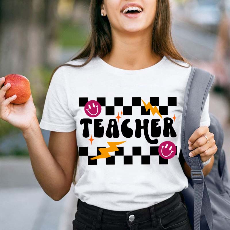 Checkerboard Smile Lightning Teacher T-Shirt
