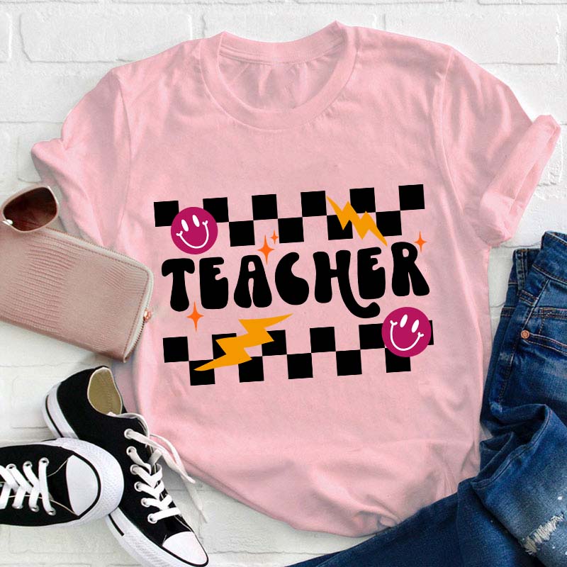 Checkerboard Smile Lightning Teacher T-Shirt