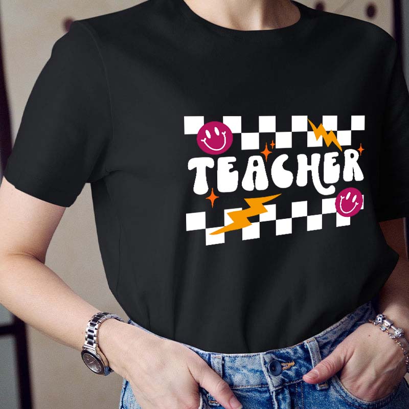 Checkerboard Smile Lightning Teacher T-Shirt
