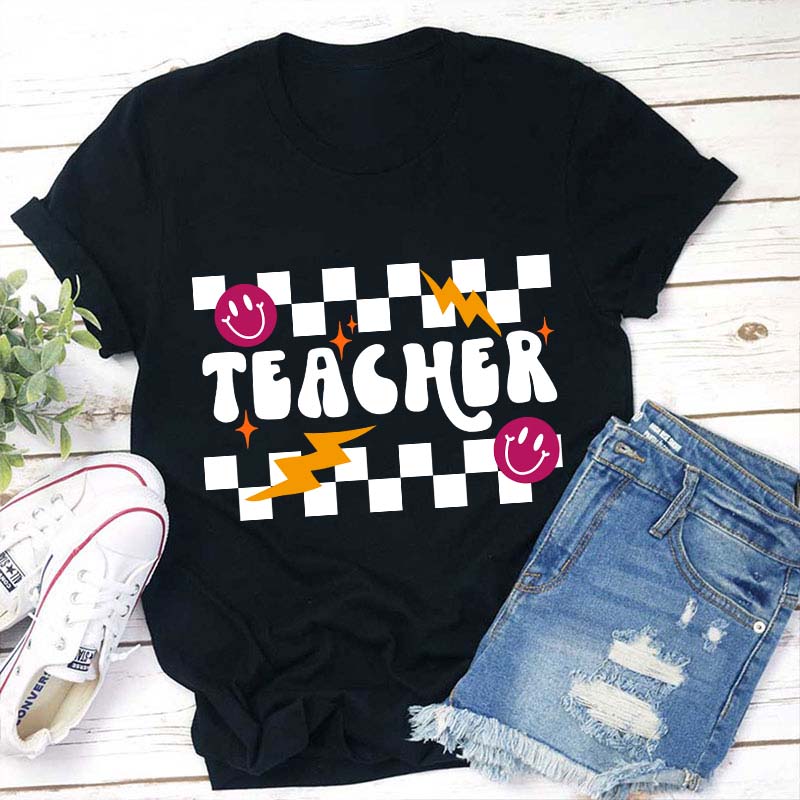 Checkerboard Smile Lightning Teacher T-Shirt