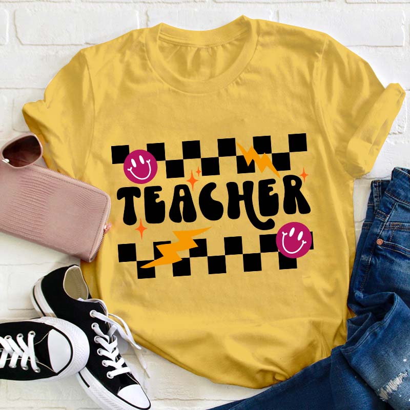 Checkerboard Smile Lightning Teacher T-Shirt