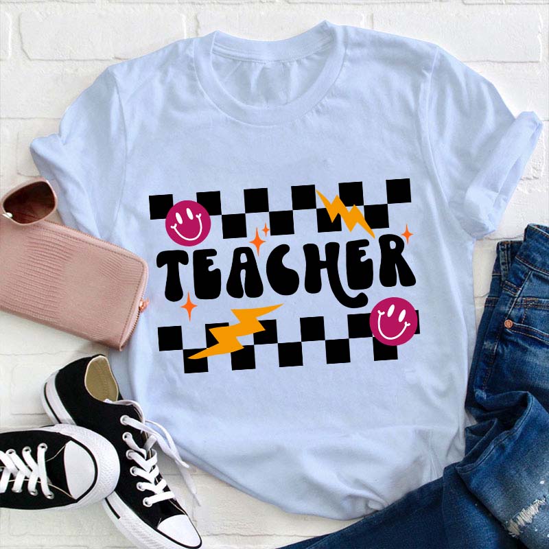 Checkerboard Smile Lightning Teacher T-Shirt