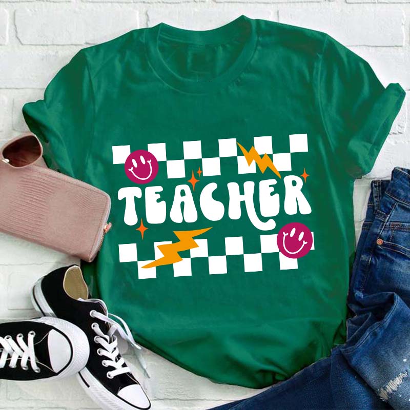 Checkerboard Smile Lightning Teacher T-Shirt