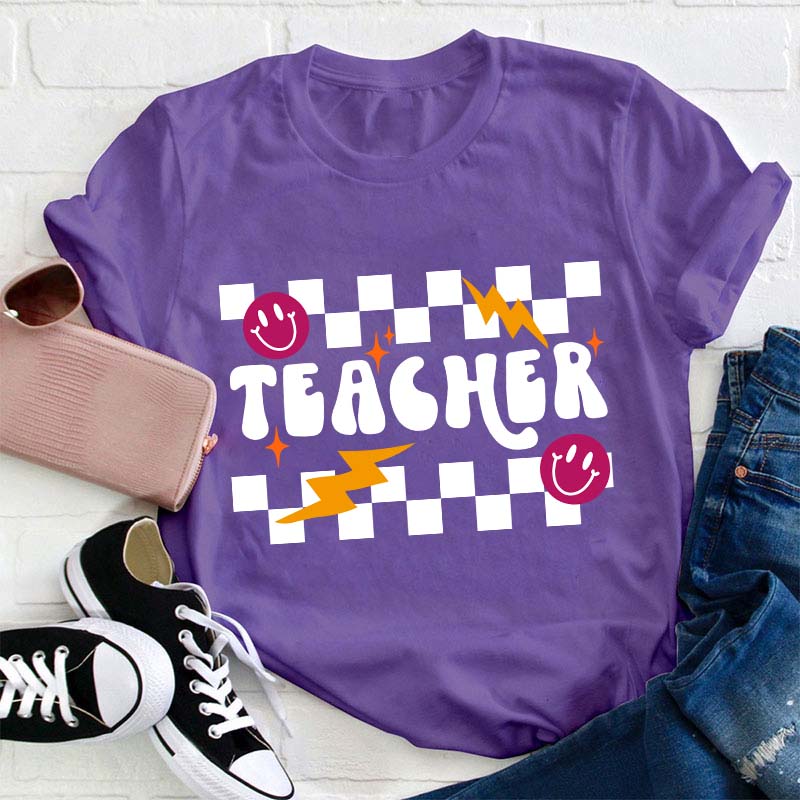 Checkerboard Smile Lightning Teacher T-Shirt