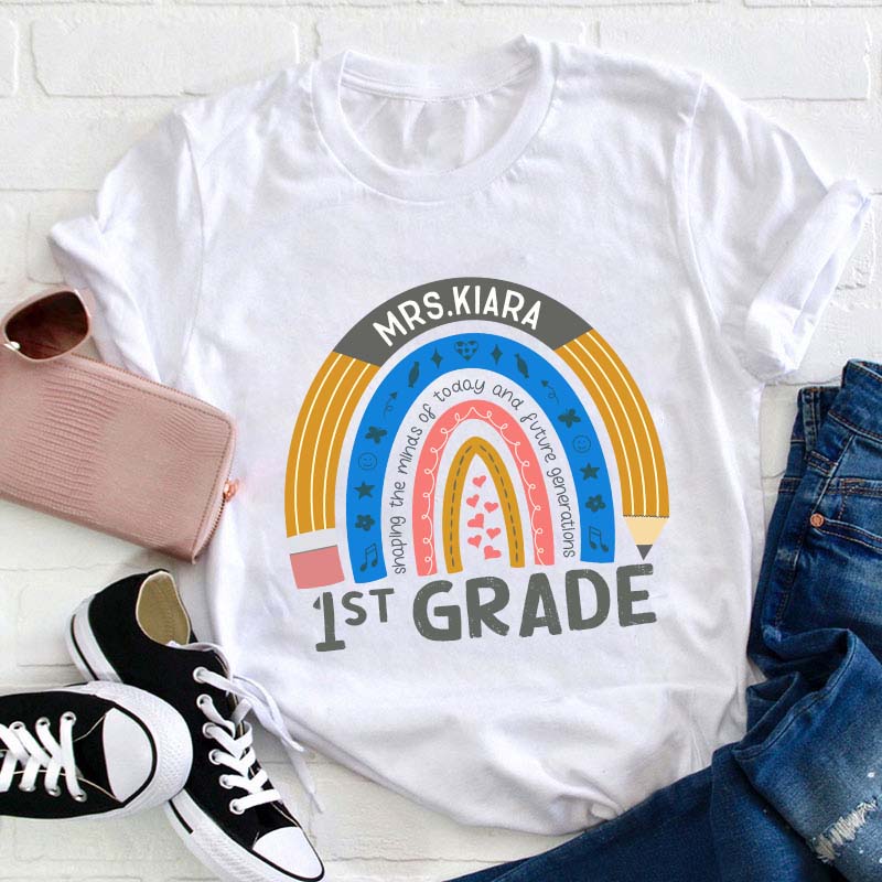 Personalized Name And Grade Pencil Rainbow Teacher T-Shirt