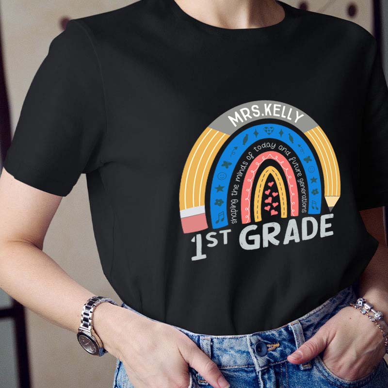 Personalized Name And Grade Pencil Rainbow Teacher T-Shirt