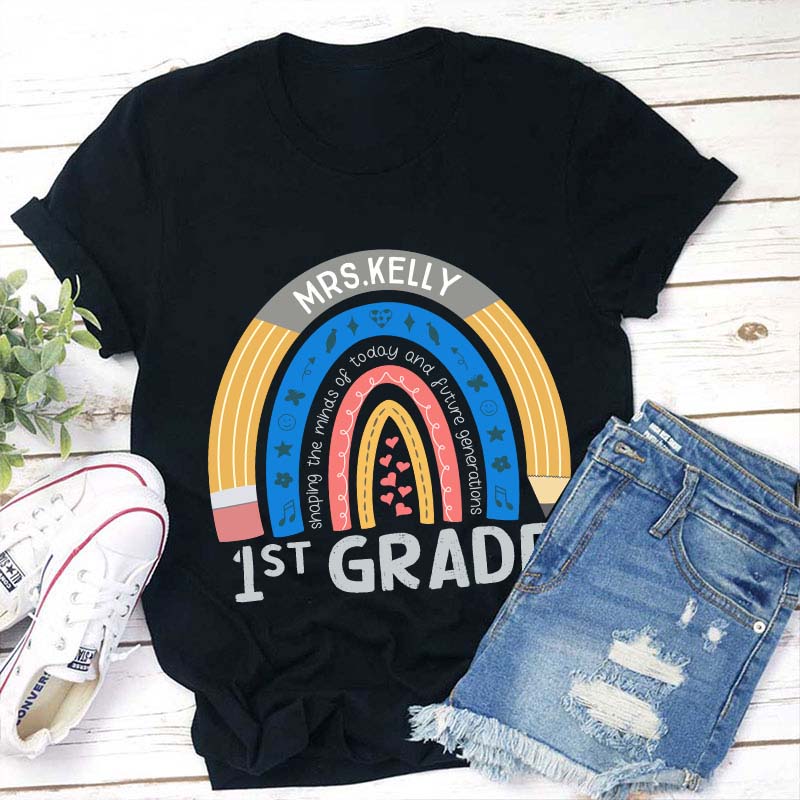 Personalized Name And Grade Pencil Rainbow Teacher T-Shirt