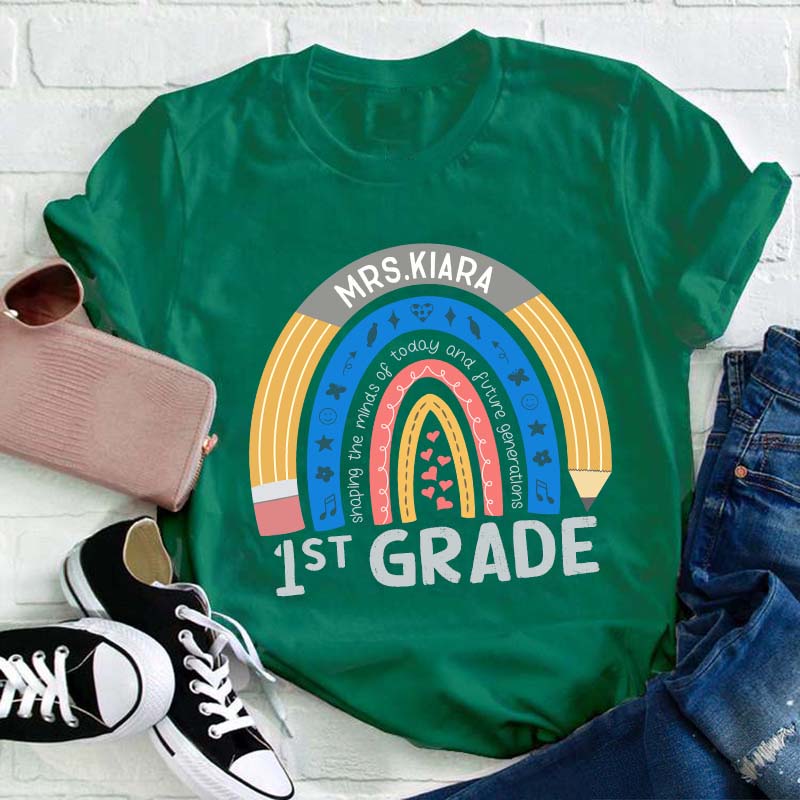 Personalized Name And Grade Pencil Rainbow Teacher T-Shirt