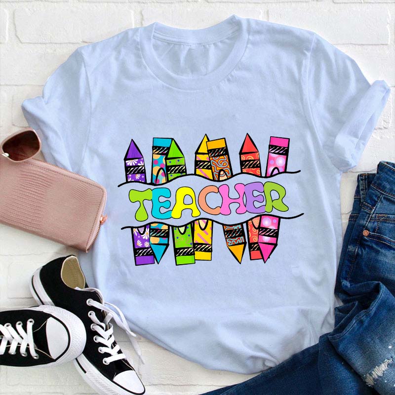Teacher Crayons Fireworks   T-Shirt
