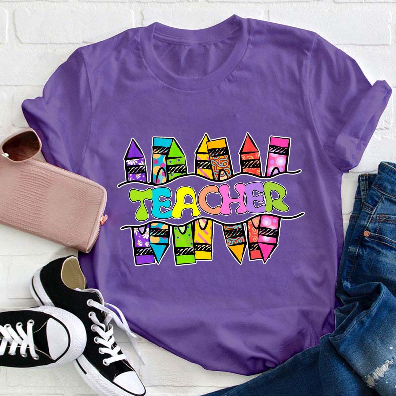 Teacher Crayons Fireworks   T-Shirt