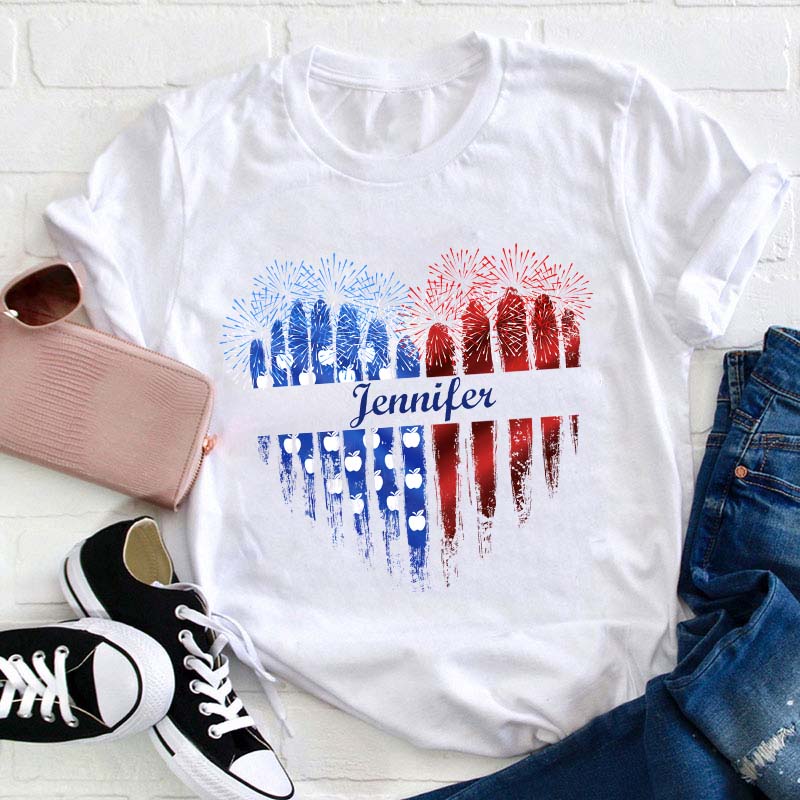 Personalized Name Love Flat Fireworks Teacher T-Shirt