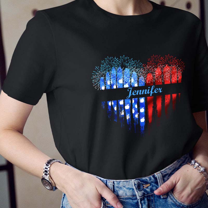 Personalized Name Love Flat Fireworks Teacher T-Shirt
