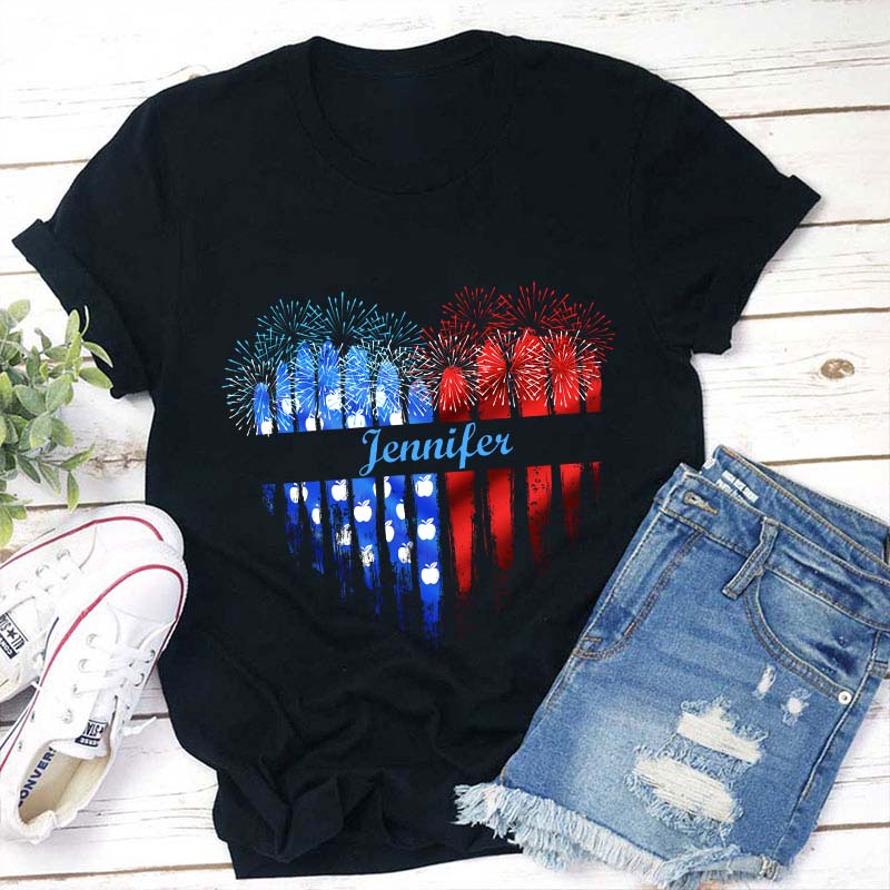 Personalized Name Love Flat Fireworks Teacher T-Shirt