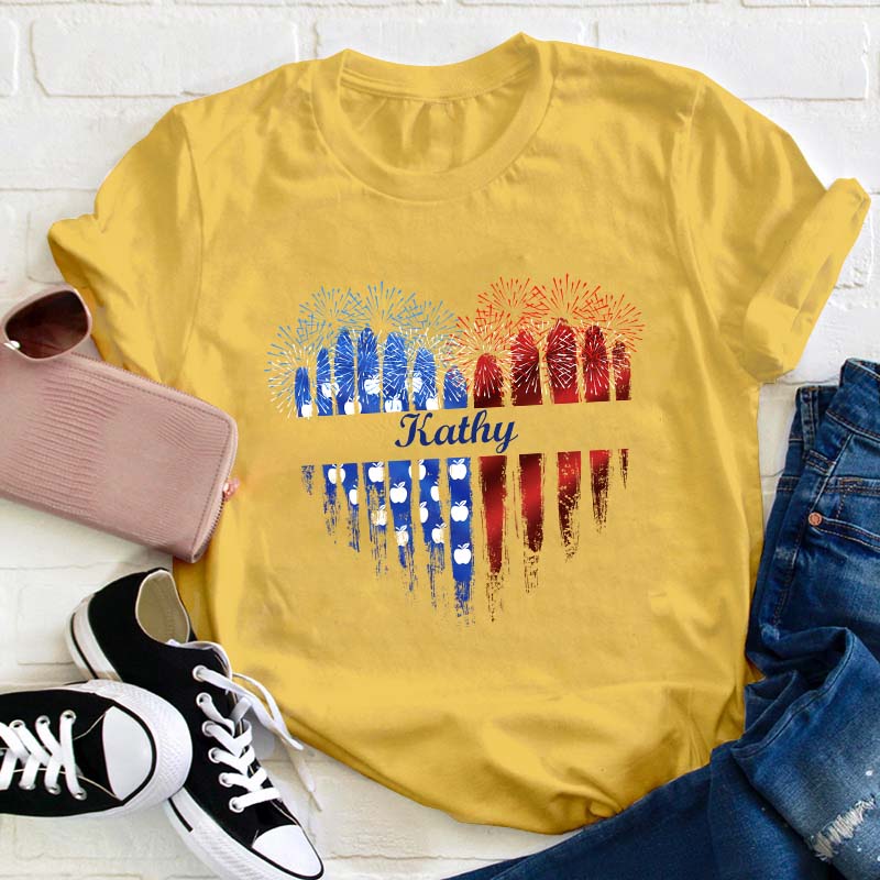Personalized Name Love Flat Fireworks Teacher T-Shirt