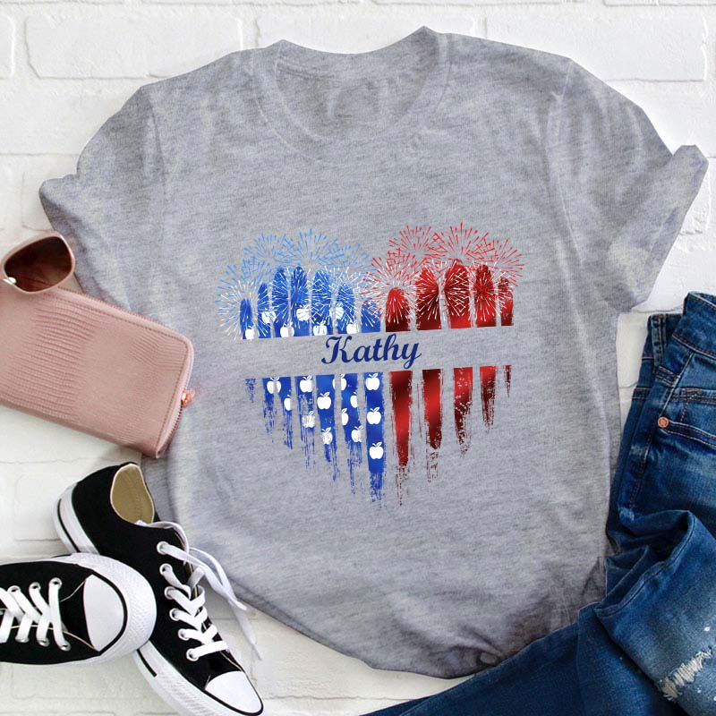 Personalized Name Love Flat Fireworks Teacher T-Shirt