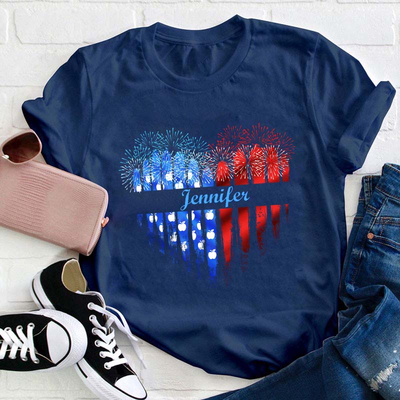 Personalized Name Love Flat Fireworks Teacher T-Shirt