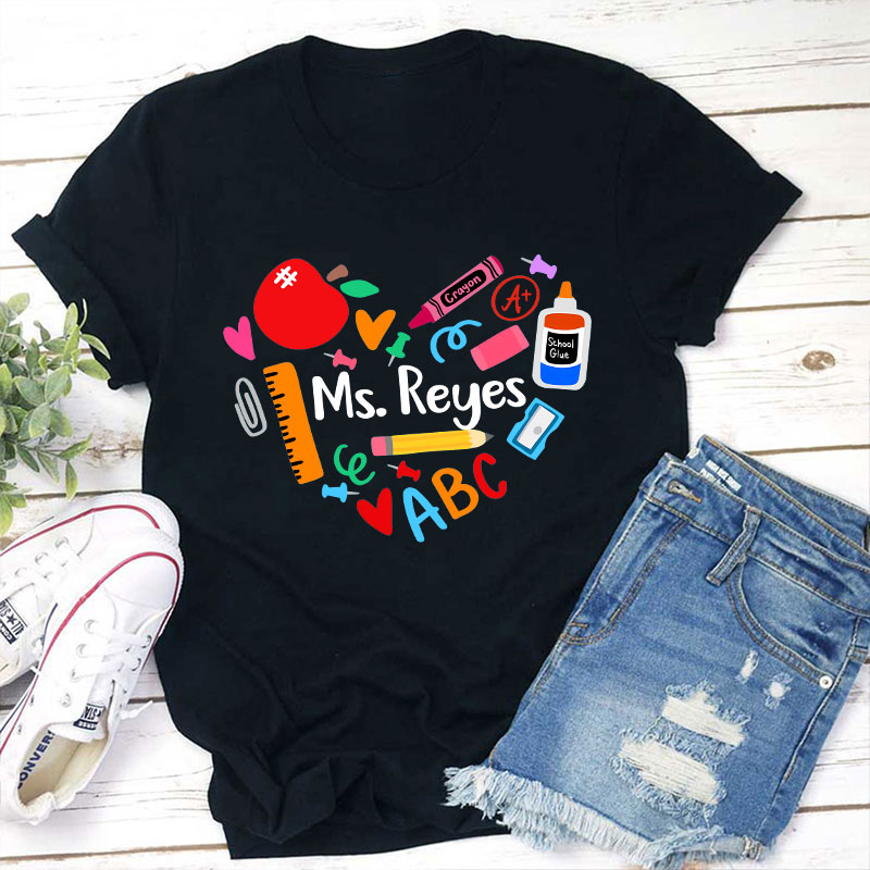 Personalized Name Heart Apple Pencil Ruler Teacher T-Shirt