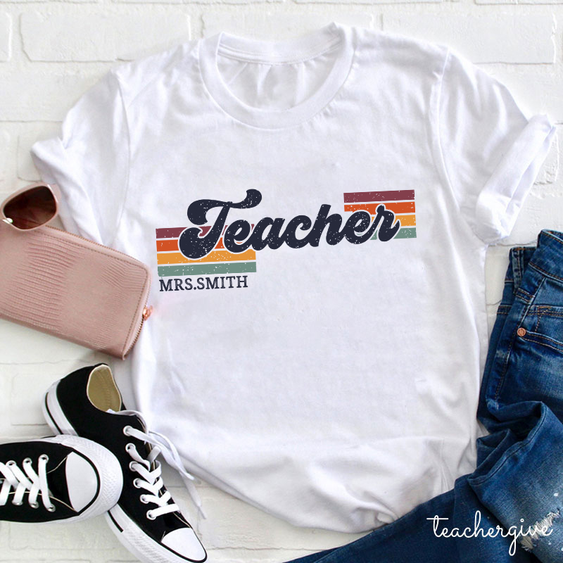 Personalized Grade And Name Retro Horizontal Stripes Teacher T-Shirt
