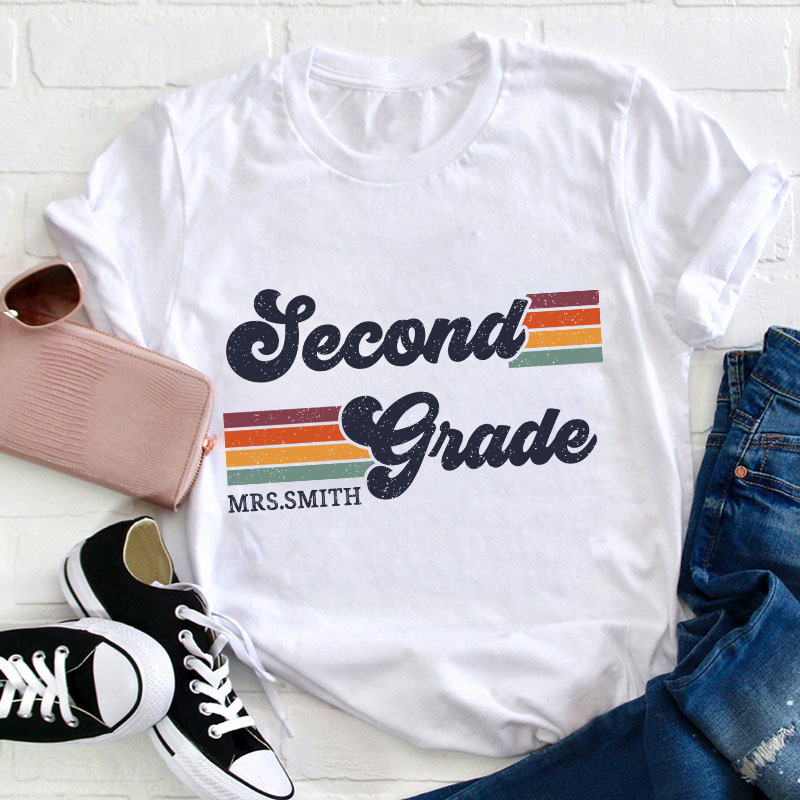 Personalized Grade And Name Retro Horizontal Stripes Teacher T-Shirt