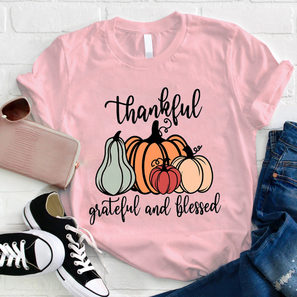 Thankful Grateful And Blessed Pumpkin Teacher T-Shirt