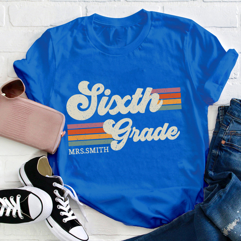 Personalized Grade And Name Retro Horizontal Stripes Teacher T-Shirt