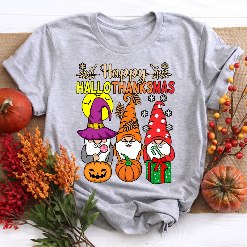 Gnomes Siblings Happy Hallothanksmas Teacher T-Shirt