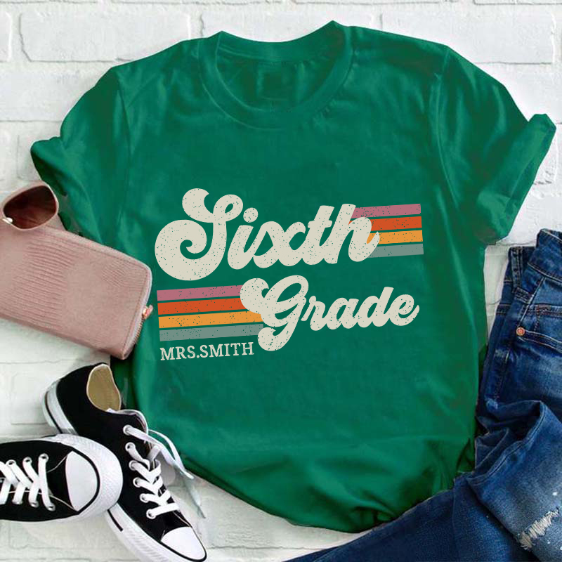 Personalized Grade And Name Retro Horizontal Stripes Teacher T-Shirt