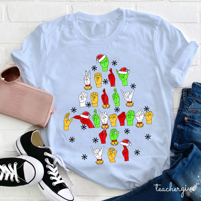 Hand Gesture Christmas Tree Teacher T-Shirt