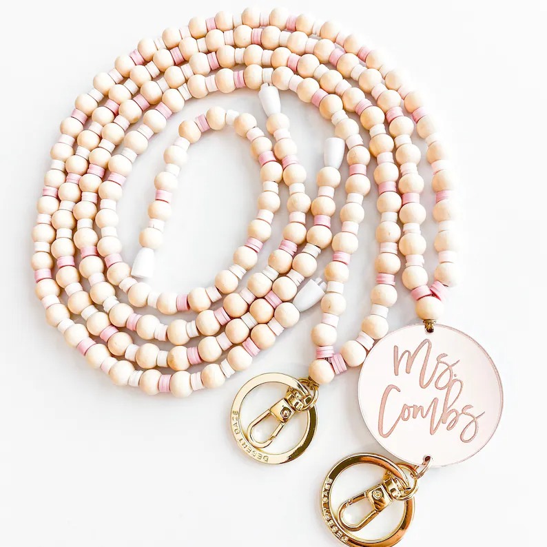 Personalized Pink White Stripe Beaded  Lanyard