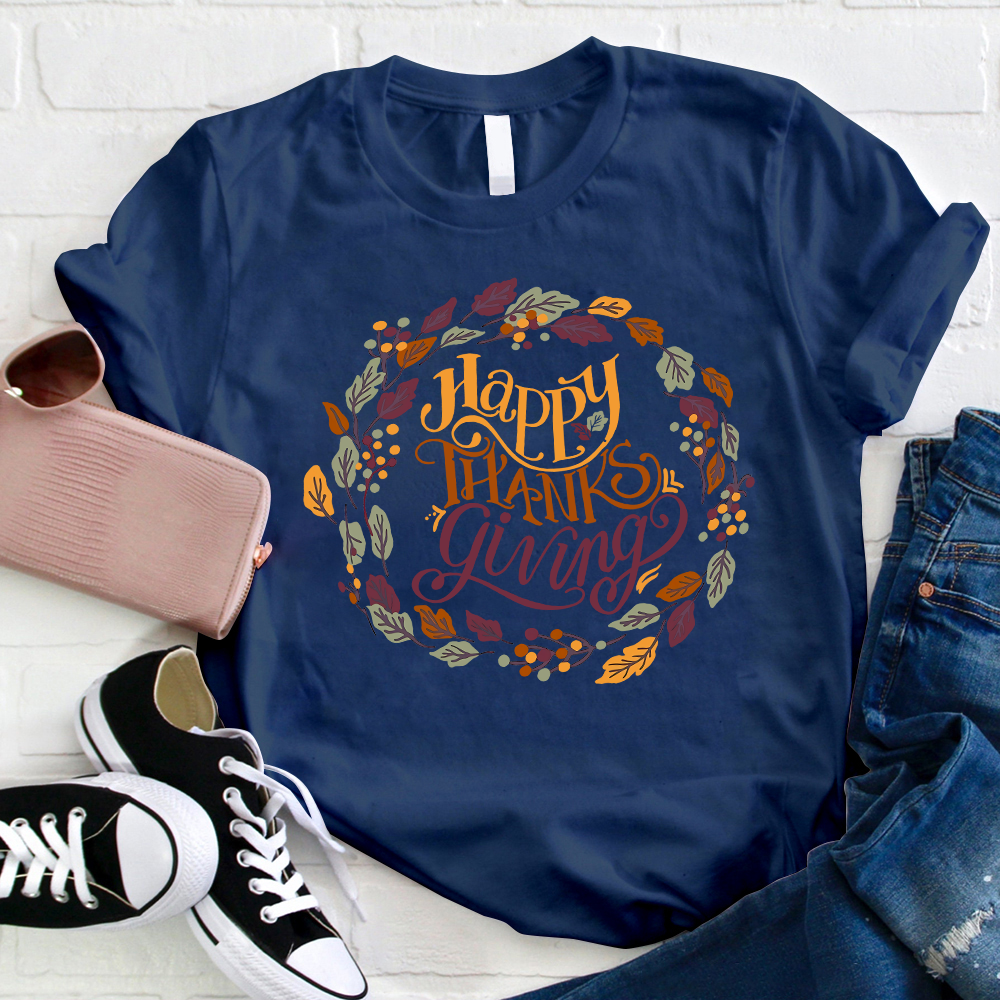 Wreath Happy Thanksgiving Teacher T-Shirt