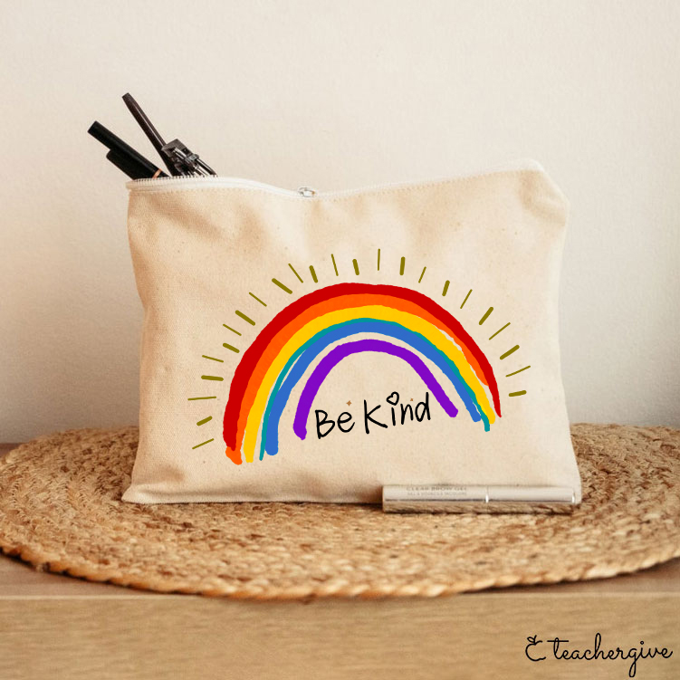 Be Kind Rainbow Stripe Teacher Makeup Bag-Teachergive