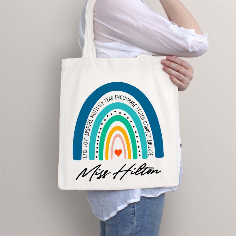 Personalized Teach Love Inspire Motivate Lead Encourage Listen Connect Include Teacher Tote Bag