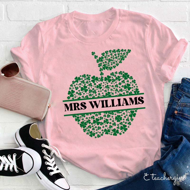 Personalized Name Apple-Shaped Clovers Teacher T-Shirt