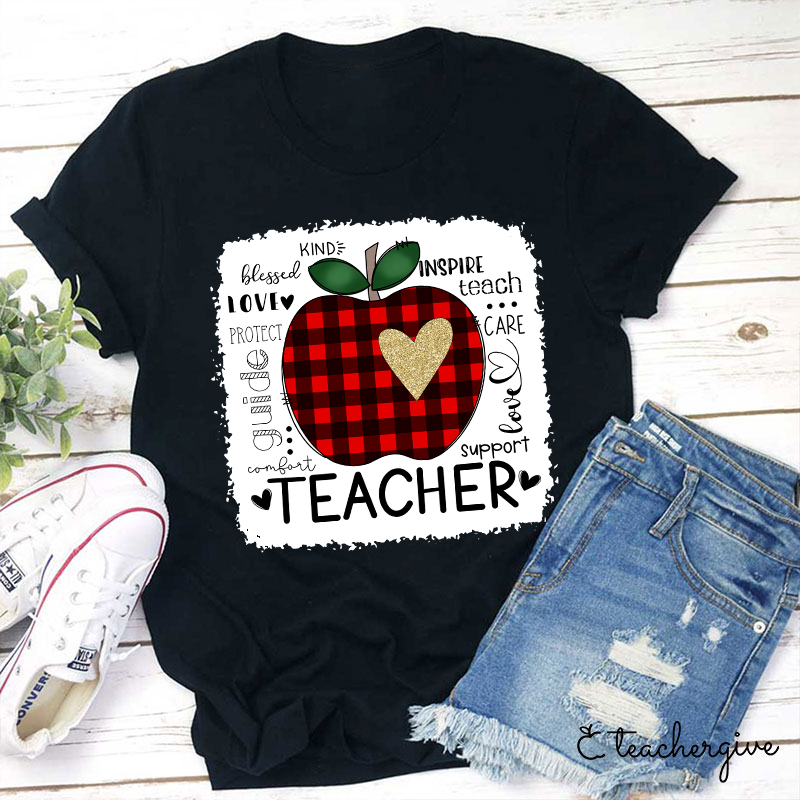 Red Plaid Apple Teacher Life Teacher T-Shirt Sale-Teachersgram