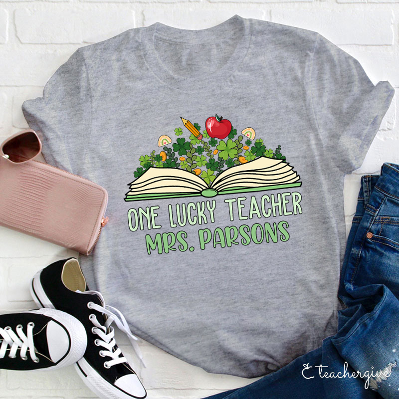 Personalized Name One Lucky Teacher Book And Cloves Teacher T-Shirt