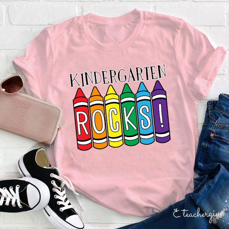 Personalized Grade Crayons Kindergarten Rocks Teacher T-Shirt