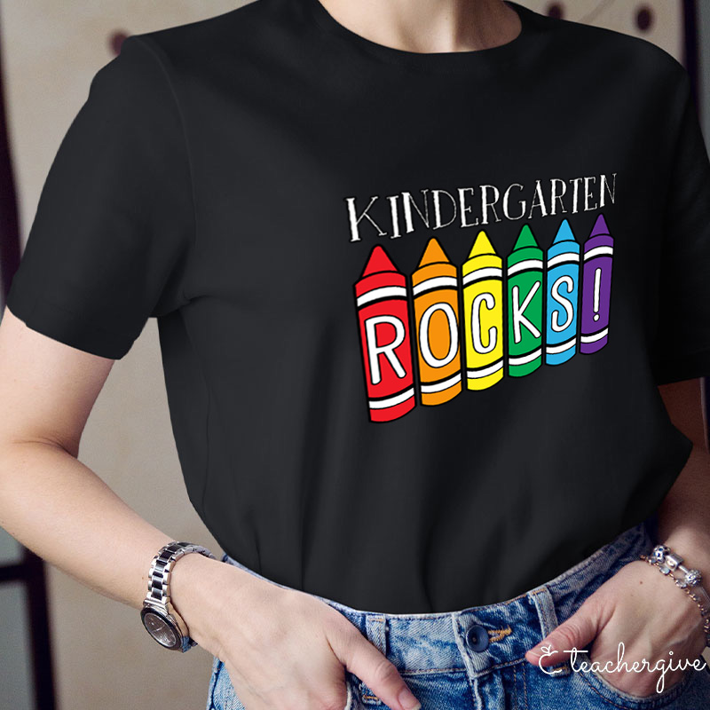 Personalized Grade Crayons Kindergarten Rocks Teacher T-Shirt