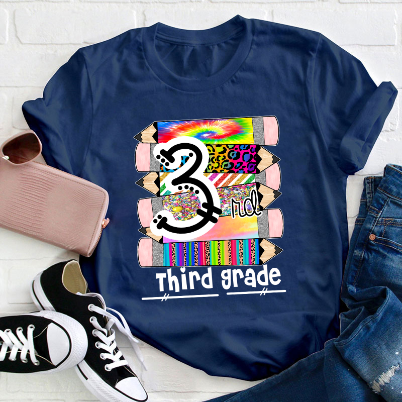 Personalized Grade Brilliant Colors Pencils Teacher T-Shirt