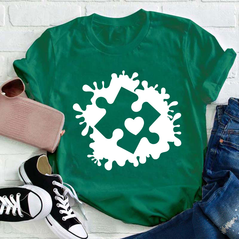Puzzle Paint Splatter Autism Awareness Teacher T-Shirt