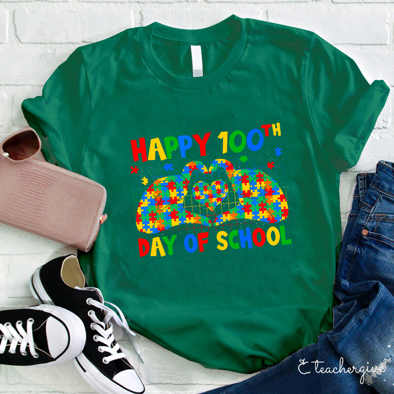 Happy 100th Day Of School Colorful Puzzles SLP Teacher T-Shirt