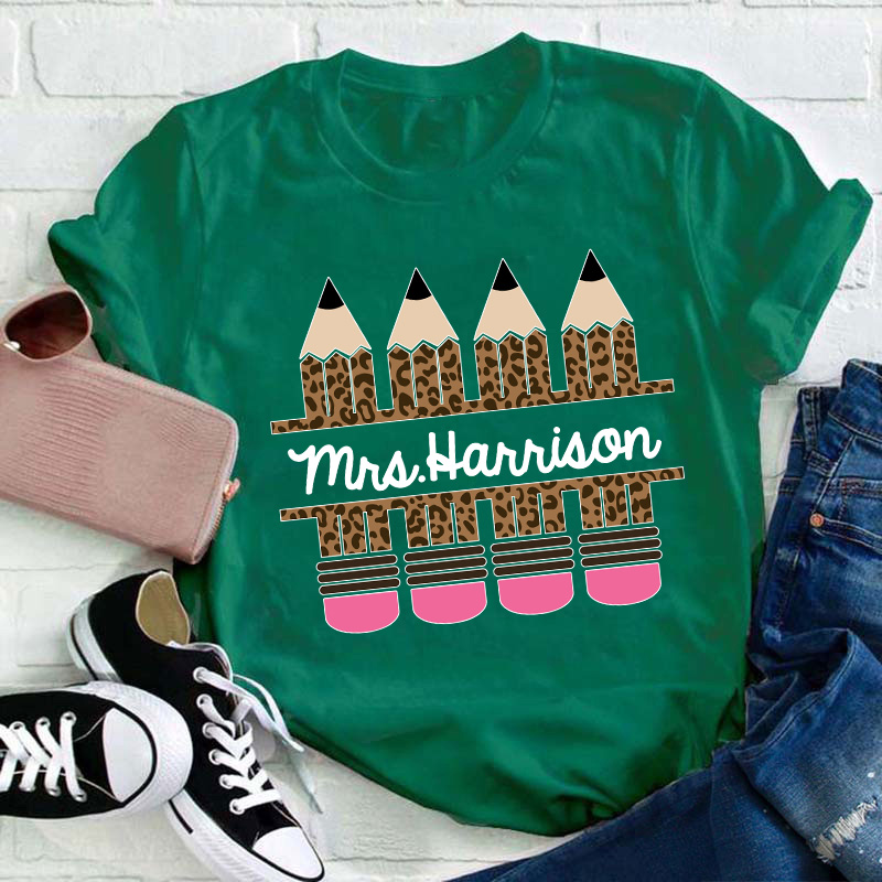 Personalized Name Pink Leopard Pencil Teacher T-Shirt