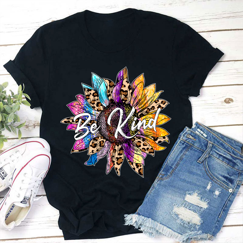 Be Kind Colorful Leopard Sunflower Teacher T-Shirt
