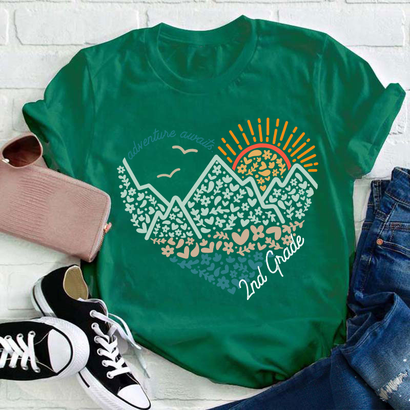 Personalized Grade Adventure Awaits Flower Mountain Sun Teacher T-Shirt