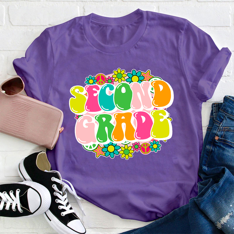 Personalized Grade Colorful Flowers Teacher T-Shirt