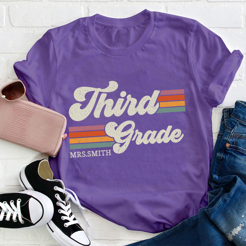 Personalized Grade And Name Retro Horizontal Stripes Teacher T-Shirt