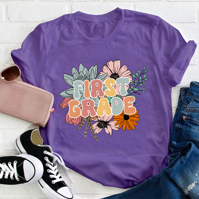 Personalized Grade Flowers Teacher T-Shirt