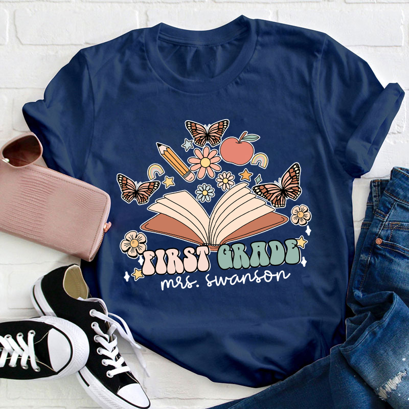 Personalized Name And Grade Books Flowers Butterflies Teacher T-Shirt