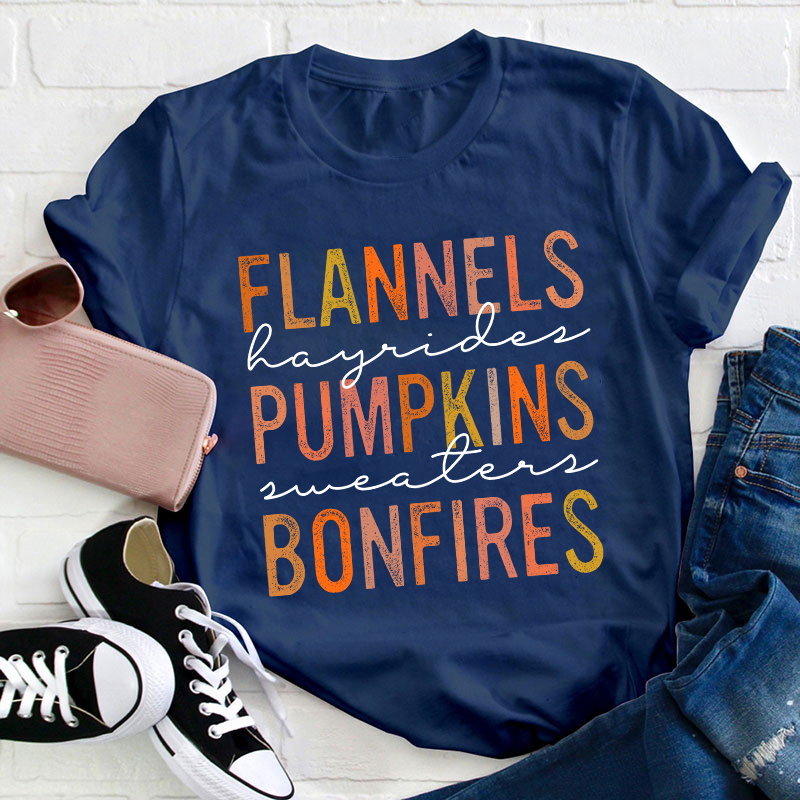 Flannels Pumpkins Bonfires Teacher T-Shirt